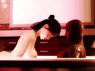 Animierte asiatische Studentin bläst und fickt ihren schwarzen Freund